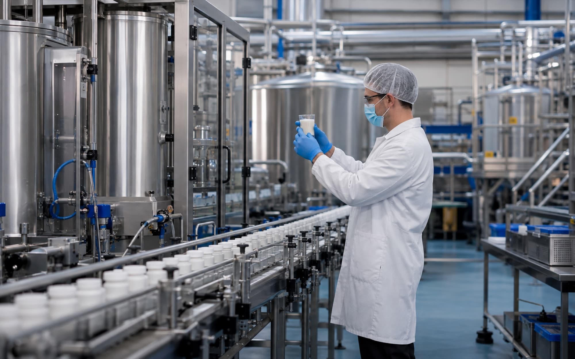 Illustrative operator inspecting a sample beside stainless batch-processing equipment