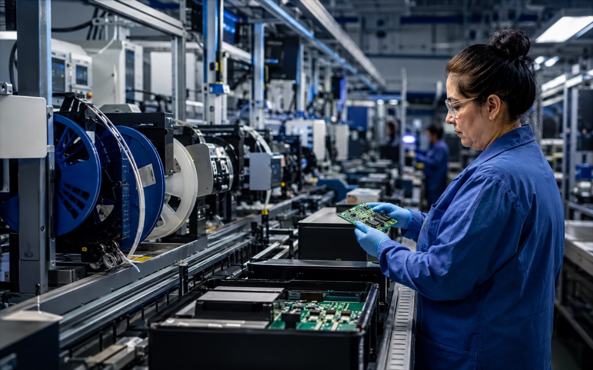 Illustrative electronics operator inspecting a circuit board on an assembly line