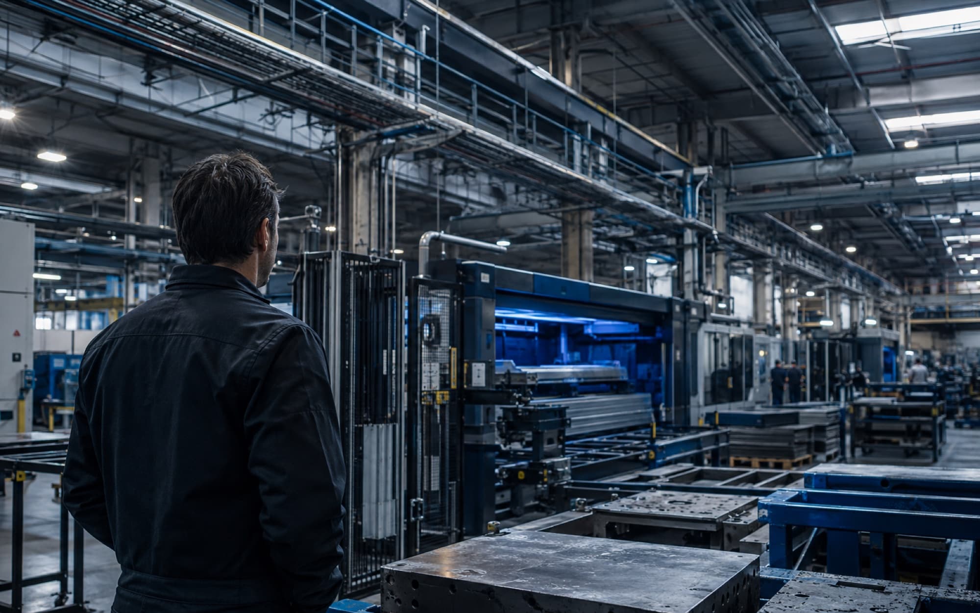 Illustrative modern manufacturing floor with an operations leader observing production equipment