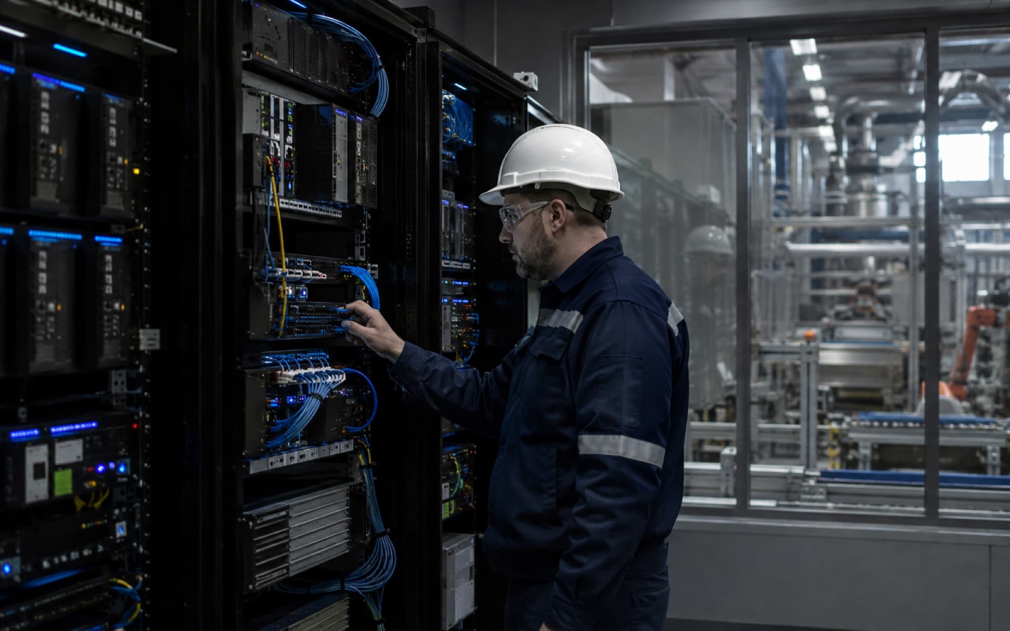 Illustrative infrastructure engineer inspecting factory-side computing equipment
