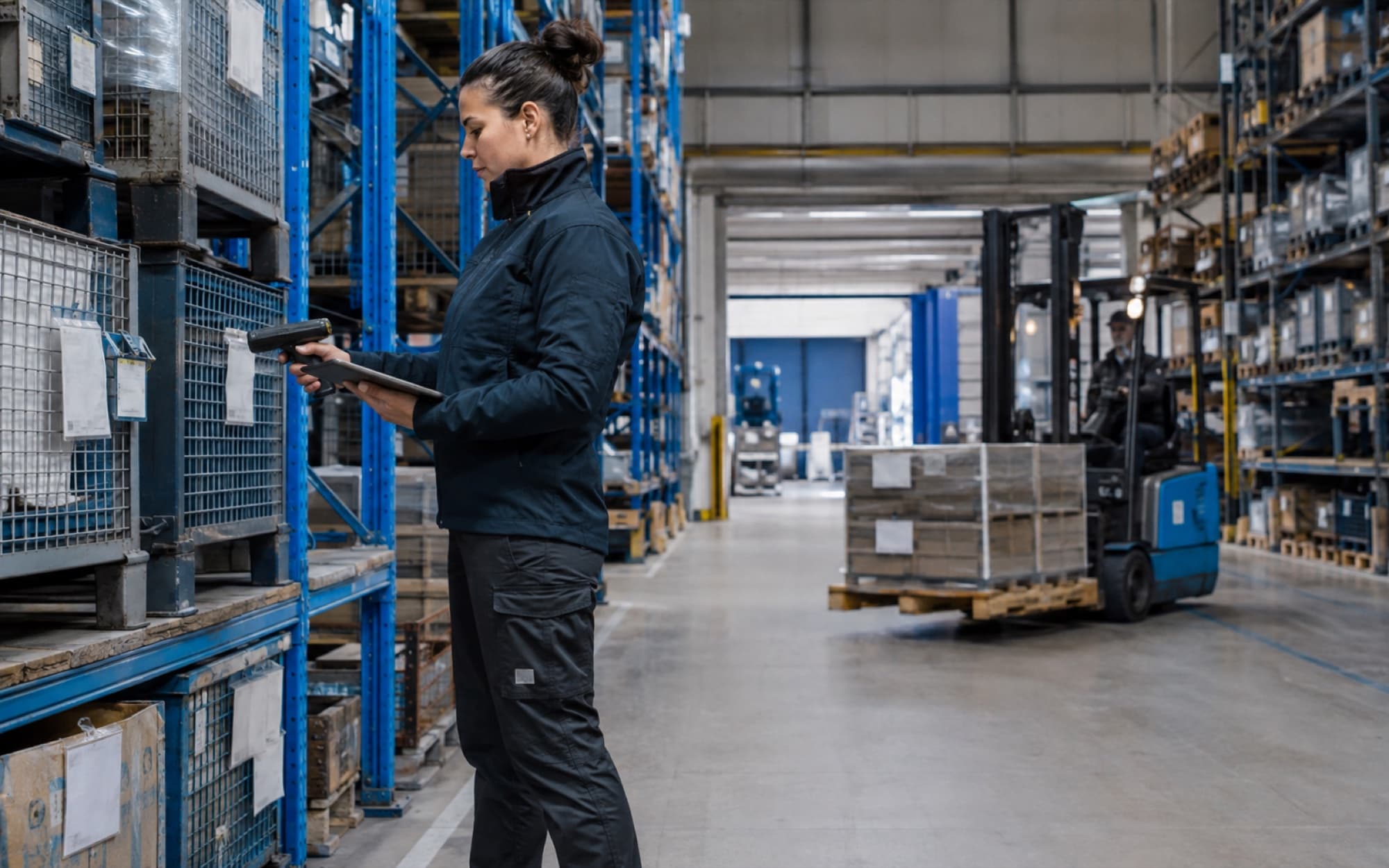 Illustrative warehouse coordinator scanning material in an industrial inventory area