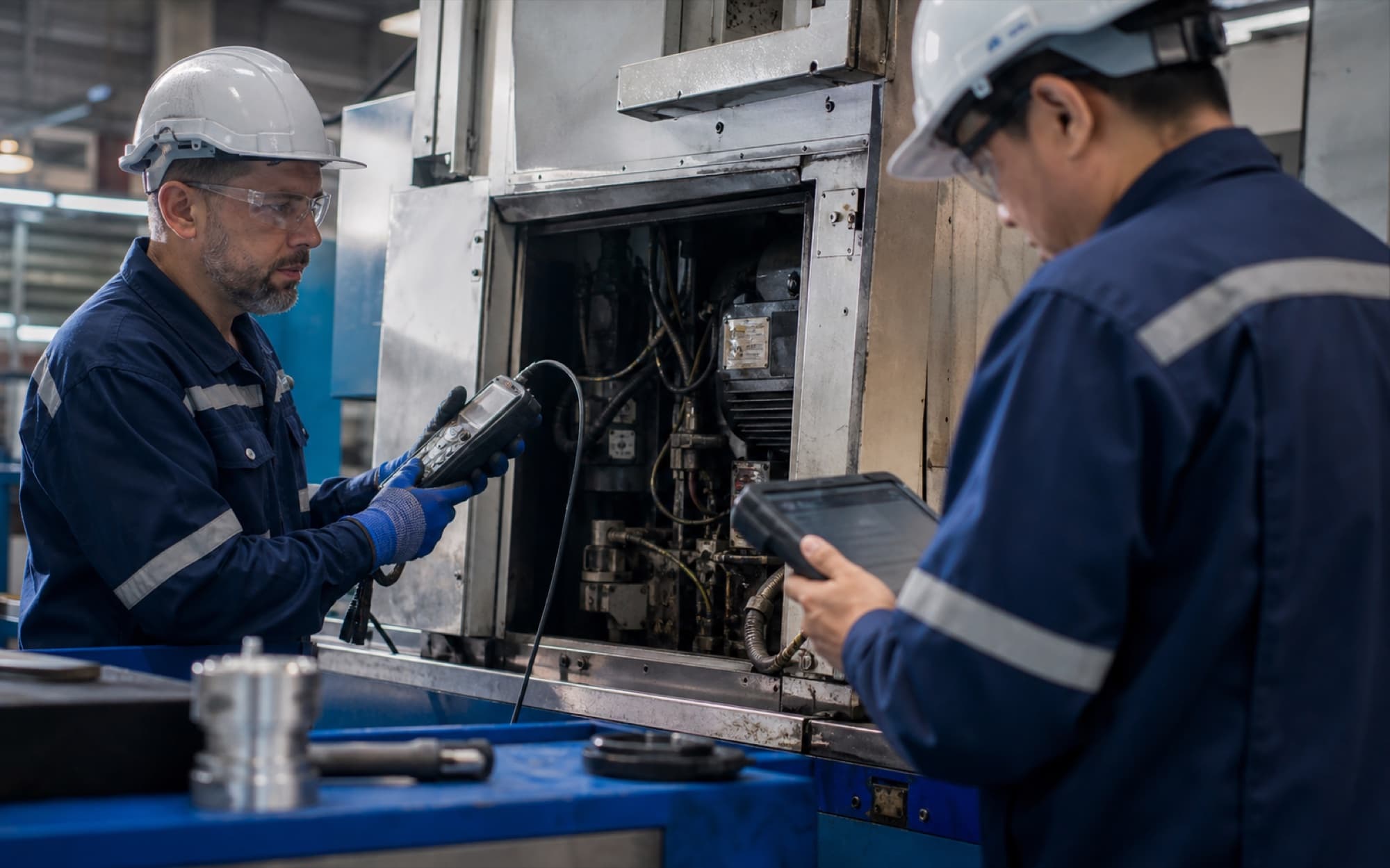 Illustrative maintenance technicians diagnosing industrial equipment